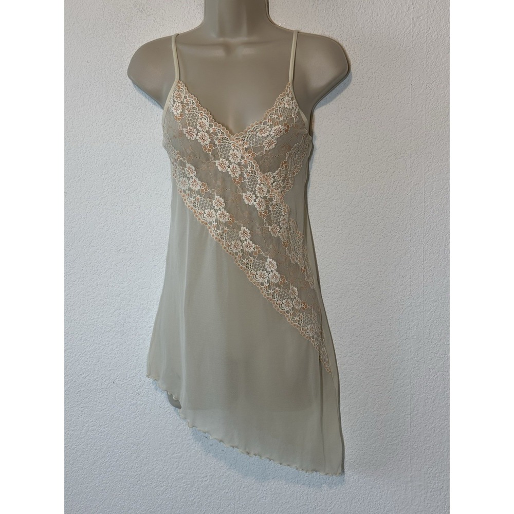Y2K Sheer Ivory Embroidered Nighty Sz S Chemise Slip Dress Aysmmetric Boho Fairy